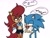 Size: 2048x1536 | Tagged: safe, artist:butterrrmoth, sally acorn, sonic the hedgehog, chipmunk, hedgehog, 2022, archie sonic the hedgehog, blushing, dialogue, duo, english text, female, food, happy, long hair, looking at each other, male, pocky (food), sally x sonic, sally's ringblader outfit, shipping, simple background, speech bubble, straight, white background