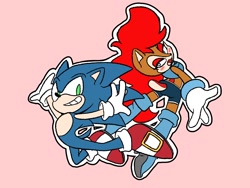 Size: 2048x1536 | Tagged: safe, artist:butterrrmoth, sally acorn, sonic the hedgehog, chipmunk, hedgehog, 2022, blushing, duo, female, grin, long hair, looking at viewer, male, mid-air, open smile, pink background, sally x sonic, sally's ringblader outfit, shipping, simple background, smile, smiling at viewer, straight