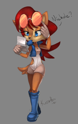 Size: 1401x2214 | Tagged: safe, artist:evilqueenie, nicole the handheld, sally acorn, chipmunk, 2015, clothes, dialogue, english text, female, glasses, grey background, holding something, simple background, solo, speech bubble, walking