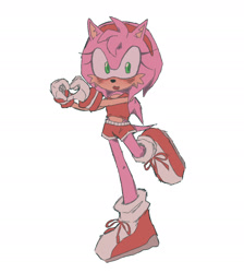 Size: 1796x2005 | Tagged: safe, artist:redstarring, amy rose, 2026, alternate outfit, blushing, cheek fluff, heart hands, looking at viewer, midriff, shoelaces, shoes, shorts, simple background, smile, solo, standing, standing on one leg, tank top, white background