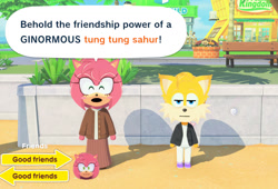 Size: 1396x950 | Tagged: safe, artist:redstarring, amy rose, miles "tails" prower, nine, sonic prime, 2026, :|, beach, bench, daytime, dialogue, duo, english text, frown, grass, meme, nine is not amused, outdoors, sand, screencap, smile, speech bubble, standing, talking, talking to viewer, text, tomodachi life:living the dream, tung tung sahur, unamused