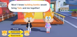 Size: 1770x839 | Tagged: safe, artist:redstarring, miles "tails" prower, nine, sonic prime, 2026, building, clouds, duo, english text, eyes closed, grass, house, nighttime, outdoors, screencap, self paradox, smile, speech bubble, standing, talking, talking to viewer, text, tomodachi life:living the dream
