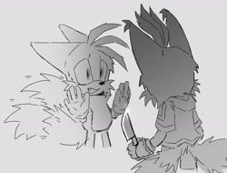 Size: 2048x1556 | Tagged: safe, artist:redstarring, miles "tails" prower, nine, sonic prime, 2026, alternate version, duo, floppy ears, fur markings, grey background, greyscale, hands up, holding something, knife, looking at each other, monochrome, one fang, self paradox, simple background, sketch, standing, surrendering, this won't end well, weapon