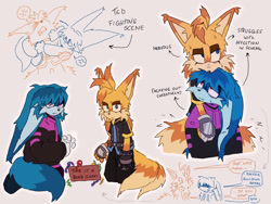 Size: 2048x1536 | Tagged: safe, artist:redstarring, kit the fennec, miles "tails" prower, 2026, alternate version, arrow, au:twin tails, bomb, duo, emo, emo kit, emo outfit, english text, flat colors, frown, fur markings, gay, grey background, hugging, hugging from behind, kit x nine, kit x tails, lidded eyes, shipping, simple background, text, wire