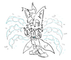 Size: 1316x1113 | Tagged: safe, artist:redstarring, miles "tails" prower, nine, sonic prime, 2026, alternate universe, au:twin tails, chest fluff, ear fluff, frown, hand on hip, lidded eyes, line art, looking offscreen, monochrome, pawpads, simple background, solo, standing, thumbs up, white background