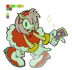 Size: 1822x1770 | Tagged: safe, artist:redstarring, amy rose, 2025, card, color palette, holding something, looking at viewer, mouth open, pointing, simple background, smile, solo, sparkles, standing, tarot card, white background