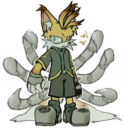 Size: 1787x1829 | Tagged: safe, artist:redstarring, miles "tails" prower, nine, sonic prime, 2025, angry, ear fluff, frown, fur markings, looking at viewer, nine is not amused, one fang, simple background, solo, squiggle, standing, unamused, white background
