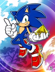 Size: 1583x2048 | Tagged: safe, artist:rikoandtako, sonic the hedgehog, hedgehog, sonic adventure 2, 2026, abstract background, chaos emerald, holding something, looking at viewer, male, outline, pointing, signature, smile, soap shoes, solo, style emulation, uekawa style