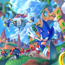 Size: 750x750 | Tagged: safe, artist:chaosc0ntr0l, buzz bomber, moto bug, robotnik, sonic the hedgehog, hedgehog, human, green hill zone, 2026, badnik, chasing, classic sonic (universe), clouds, coconut, crabmeat, daytime, dust clouds, eggmobile, flower, flying, food, fruit, grass, group, invincibility monitor, lineless, loop, male, mid-air, monitor, outdoors, palm tree, ring, robot, running, smile, sunflower, totem pole, treads, tree, vehicle, water, waterfall