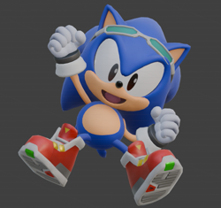 Size: 723x681 | Tagged: safe, artist:danthedj12, sonic the hedgehog, hedgehog, 2026, 3d, classic sonic, classic sonic (universe), clenched fists, grey background, looking at viewer, male, mouth open, outfit swap, riders outfit, simple background, smile, solo, sonic riders, treads