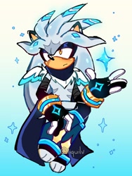 Size: 1536x2048 | Tagged: safe, artist:liquilv, silver the hedgehog, hedgehog, 2026, alternate outfit, arm sleeves, bandage, boots, chest fluff, frown, fur markings, gloves, gradient background, kinsona, lidded eyes, looking offscreen, male, scarf, signature, solo, sparkles, stockings, toeless shoes