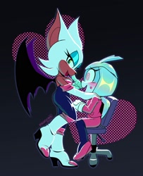 Size: 1627x2000 | Tagged: safe, artist:nek0platinum, jewel the beetle, rouge the bat, bat, beetle, 2026, blushing, chair, crack shipping, duo, female, gradient background, hand on shoulder, idw sonic the hedgehog, jewel x rouge, kiss marks, lesbian, shipping, side view, sitting, smile, swirly eyes