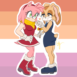 Size: 2048x2048 | Tagged: safe, artist:boobie-zeal, amy rose, cream the rabbit, 2026, aged up, alternate outfit, amream, bandana, blushing, duo, heart, lesbian, lesbian pride, outline, piko piko hammer, pride, pride flag, pride flag background, pride month, shipping, smile, standing