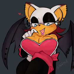 Size: 1280x1280 | Tagged: safe, artist:math9909, rouge the bat, 2024, blushing, busty rouge, cleavage, dyed fur, dyed hair, ear piercing, earring, goth, goth outfit, goth rouge, grey background, heart, mole (marking), mouth open, one fang, sharp nails, signature, simple background, smile, solo