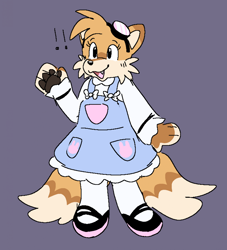 Size: 1830x2014 | Tagged: safe, artist:vurrsys, miles "tails" prower, oc, oc:molly prower, 2025, casual lolita, cute, dress, exclamation mark, eyewear on head, flat colors, fur markings, goggles, goggles on head, lolita, one fang, purple background, simple background, socks, solo, tailabetes, trans female, trans girl tails, transgender