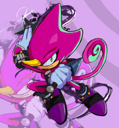 Size: 3816x4080 | Tagged: safe, artist:2kartz, espio the chameleon, 2026, absurd res, blade, echo background, frown, holding something, kunai knife, looking at viewer, ninja star, shine, solo, weapon