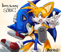 Size: 2048x1774 | Tagged: safe, artist:reezypuffz, miles "tails" prower, sonic the hedgehog, 2026, birthday, duo, english text, exclamation mark, eyes closed, happy, looking at them, mouth open, riding on shoulders, signature, simple background, smile, text, treads, v sign, white background