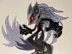 Size: 2048x1536 | Tagged: safe, artist:satiryuu, infinite the jackal, 2026, grey background, looking at viewer, phantom ruby, simple background, solo