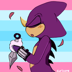 Size: 2048x2048 | Tagged: safe, artist:curicore, espio the chameleon, 2026, eyes closed, holding something, icon, kunai knife, mouth open, petal, pride, pride flag, pride flag background, pride month, solo, transgender, transmasc pride, transmasculine, weapon