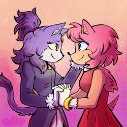 Size: 1500x1500 | Tagged: safe, artist:vhakigo, amy rose, blaze the cat, 2026, amy x blaze, duo, gradient background, hand on face, heart, holding hands, lesbian, looking at each other, pride, pride month, shipping, smile, standing