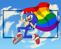 Size: 2048x1653 | Tagged: safe, artist:goblin-drifter, sonic the hedgehog, 2026, clouds, gay pride, happy, holding something, looking at viewer, mid-air, pride, pride flag, pride month, scar, smile, solo, top surgery scars, trans boy sonic, trans male, transgender, treads