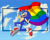 Size: 2048x1653 | Tagged: safe, artist:goblin-drifter, sonic the hedgehog, hedgehog, 2026, clouds, gay pride, happy, holding something, looking at viewer, male, mid-air, pride, pride flag, pride month, rainbow flag, scar, smile, solo, top surgery scars, trans boy sonic, trans male, transgender, treads