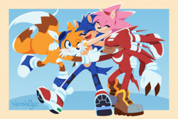 Size: 2048x1365 | Tagged: safe, artist:wereh0gz, amy rose, knuckles the echidna, miles "tails" prower, sonic the hedgehog, 2026, amybetes, birthday, boots, border, cheek fluff, cute, eyes closed, eyewear on head, female, fur markings, goggles, goggles on head, grin, group, group hug, hugging, knee brace, knucklebetes, lineless, male, mouth open, no outlines, one eye closed, open smile, quartet, signature, smile, sonabetes, tailabetes, treads