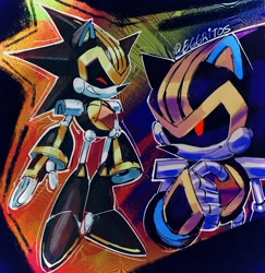 Size: 1576x1622 | Tagged: safe, artist:eggritos, shard the metal, 2026, black sclera, eyes closed, looking offscreen, outline, robot, signature, smile, solo