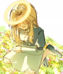 Size: 1729x2048 | Tagged: safe, artist:q__sci, maria robotnik, human, 2025, blushing, covering eyes, daytime, female, grass, halo, kneeling, mouth open, open smile, simple background, smile, solo, white background