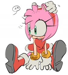 Size: 1541x1716 | Tagged: safe, artist:kosherea, amy rose, 2025, blushing, disembodied hand, ear grab, flat colors, hand on ground, japanese text, looking offscreen, petting, pout, sitting, solo, speech bubble, text