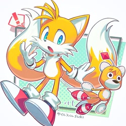 Size: 1522x1522 | Tagged: safe, artist:mamezurushiki, miles "tails" prower, tails doll, fox, 2024, :o, abstract background, agender, duo, exclamation mark, japanese text, looking at viewer, male, mid-air, mouth open, outline, signature, text, treads, white outline