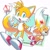 Size: 1522x1522 | Tagged: safe, artist:mamezurushiki, miles "tails" prower, tails doll, fox, 2024, :o, abstract background, agender, duo, exclamation mark, japanese text, looking at viewer, male, mid-air, mouth open, outline, signature, text, treads, white outline