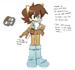 Size: 1331x1242 | Tagged: safe, artist:candleyy, sally acorn, chipmunk, 2026, arrow, bag, brown gloves, color palette, cute, english text, female, gloves, hand on hip, looking offscreen, redesign, sallabetes, simple background, skirt, smile, solo, standing, text, white background