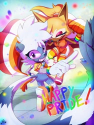Size: 1536x2048 | Tagged: safe, artist:buddyhyped, tangle the lemur, whisper the wolf, 2026, duo, english text, fishnets, gay pride, holding something, lesbian, lesbian pride, looking at viewer, pride, pride flag, pride month, shipping, smile, tangle x whisper, text