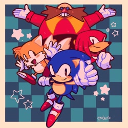 Size: 2048x2048 | Tagged: safe, artist:syatsuric, knuckles the echidna, miles "tails" prower, robotnik, sonic the hedgehog, human, 2026, arms out, blushing, border, checkered background, classic knuckles, classic robotnik, classic sonic, classic sonic (universe), classic tails, clenched teeth, cute, group, looking at viewer, mid-air, mouth open, open smile, quartet, signature, smile, smiling at viewer, star (symbol), thumbs up