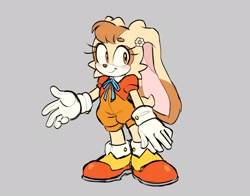 Size: 2048x1608 | Tagged: safe, artist:pikoreto, cream the rabbit, rabbit, 2026, aged up, bodysuit, bolero, bow, clothes, daisy (flower), female, flat colors, flower, flower in ear, grey background, hand out, looking at viewer, ribbon, simple background, smile, solo, standing, tan nose
