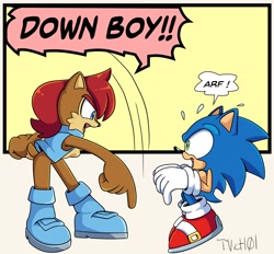 Size: 2936x2720 | Tagged: safe, artist:tvict101, sally acorn, sonic the hedgehog, chipmunk, hedgehog, 2025, comic, dialogue, down boy, duo, english text, female, looking at each other, male, meme, sally x sonic, sally's vest and boots, shipping, speech bubble, squatting, straight