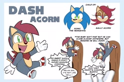 Size: 1920x1270 | Tagged: safe, artist:tvict101, sally acorn, sonic the hedgehog, oc, oc:dash acorn, chipmunk, hedgehog, 2022, child, climbing, cute, dialogue, duo, english text, fankid, female, jumping, looking at them, looking at viewer, male, open smile, parent:sally, parent:sonic, parents:sonally, sally x sonic, scarf, shipping, simple background, sitting, smile, smiling at viewer, solo, solo focus, speech bubble, straight, toddler, waving, white background