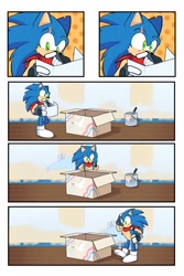 Size: 2100x3150 | Tagged: safe, artist:tvict101, sonic the hedgehog, hedgehog, 2022, adult, box, bucket, comic, english text, holding something, indoors, male, older, paint bucket, paper, polka-dots background, sally x sonic, scarf, shipping, solo, straight, thinking