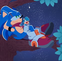 Size: 3452x3420 | Tagged: safe, artist:tvict101, sonic the hedgehog, oc, oc:riri acorn, chipmunk, hedgehog, 2025, adult, carrying them, cute, duo, father and child, father and daughter, female, holding them, looking up, lying down, male, nighttime, older, parent:sally, parent:sonic, parents:sonally, scar, scarf, star (sky), stargazing, toddler, tree
