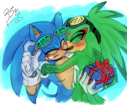 Size: 1463x1213 | Tagged: safe, artist:takosa, jet the hawk, sonic the hedgehog, 2026, blushing, blushing ears, cute, duo, eyes closed, gay, gradient background, holding something, jet x sonic, jetabetes, male, present, scar, shipping, smile, sonabetes, sonic riders, top surgery scars, trans male, transgender