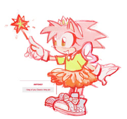 Size: 1117x1048 | Tagged: safe, artist:amydaily, amy rose, 2026, amybetes, classic amy, classic sonic (universe), cute, female, holding something, looking offscreen, reference inset, simple background, smile, solo, standing, tiara, wand, white background, wings