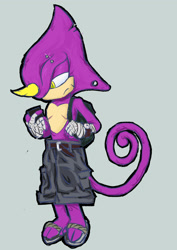 Size: 1447x2048 | Tagged: safe, artist:julien3223, espio the chameleon, 2026, backpack, ear piercing, earring, eyebrow piercing, face piercing, frown, grey background, lidded eyes, male, pants, phone, sandals, scar, simple background, solo, topless, trans boy espio, trans male, transgender, wraps
