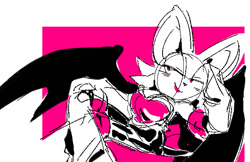 Size: 638x413 | Tagged: safe, artist:candycatstuffs, rouge the bat, 2026, female, hand on knee, head rest, lidded eyes, looking offscreen, monochrome, sketch, smile, smug, solo, spot color