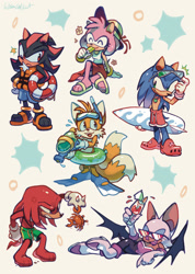 Size: 1457x2048 | Tagged: safe, artist:wweaselkat, amy rose, knuckles the echidna, miles "tails" prower, shadow the hedgehog, sonic the hedgehog, 2026, ambiguous gender, amybetes, barefoot, clothes, crab, crocs, cross popping vein, cute, drink, eating, eyewear on head, female, food, goggles, goggles on head, group, hat, life jacket, life ring, literal animal, lying down, lying on side, male, necklace, paws, ring, sandals, shadowbetes, simple background, skirt, snorkel, sonabetes, standing, summer, sun hat, sunglasses, surfboard, swimming flippers, swimming trunks, swimming tube, swimsuit, tailabetes, tank top, wall of tags, water gun, white background