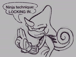 Size: 1900x1420 | Tagged: safe, artist:charmsterz, espio the chameleon, 2026, clenched teeth, dialogue, english text, frown, hands together, lidded eyes, line art, looking at viewer, male, monochrome, out of character, solo, speech bubble, text