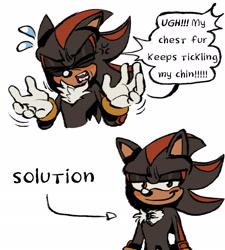 Size: 2048x2276 | Tagged: safe, artist:cat-makesart, shadow the hedgehog, 2026, angry, arrow, chest fluff, dialogue, english text, eyes closed, lidded eyes, looking at viewer, male, mouth open, simple background, smile, smug, solo, speech bubble, standing, text, white background