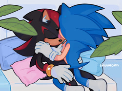 Size: 2048x1533 | Tagged: safe, artist:unmonn, shadow the hedgehog, sonic the hedgehog, 2026, duo, eyes closed, gay, holding each other, indoors, leaf, licking, licking face, male, pillow, shadow x sonic, shipping, signature, sitting, tongue out