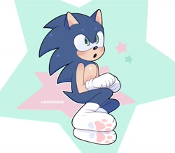 Size: 1741x1526 | Tagged: safe, artist:unmonn, sonic the hedgehog, 2023, :o, blushing, looking offscreen, male, mouth open, pawpads, paws, signature, socks, solo, star (symbol), stockings