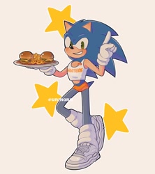 Size: 1822x2048 | Tagged: safe, artist:unmonn, sonic the hedgehog, 2023, alternate outfit, blushing, burger, clothes, crop top, food, freckles, grey background, hooters, hooters outfit, leg warmers, looking at viewer, male, midriff, name tag, onion ring, plate, shoelaces, short shorts, shorts, simple background, smile, sneakers, solo, standing, standing on one leg, star (symbol)